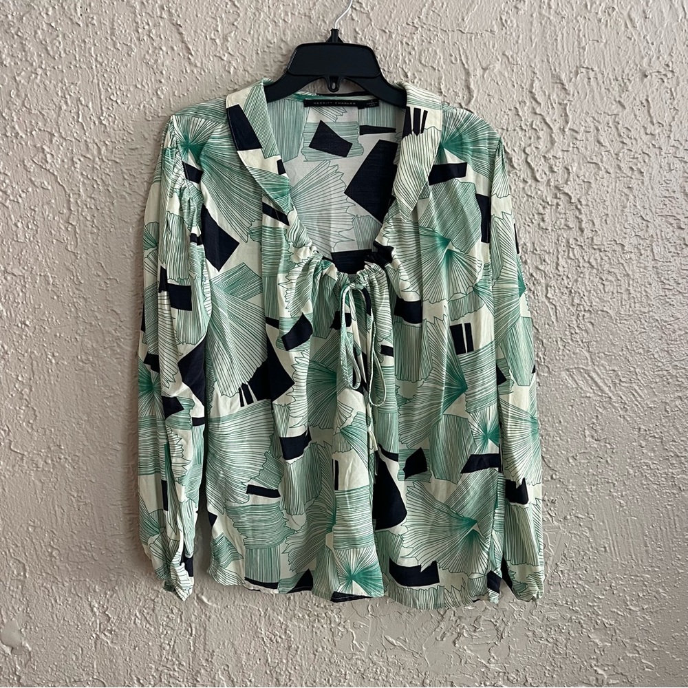 Merritt Charles Green and Black Geometric Patterned Blouse